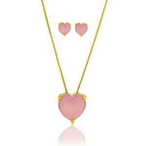 CONJUNTO CORAÇÃO PEDRA FOSCA ROSA BANHADO A OURO 18K