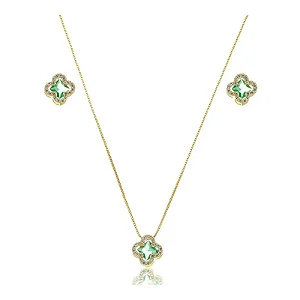 FLOR RICA VERDE ESMERALDA CONJUNTO CRAVEJADO BANHADO A OURO 18K