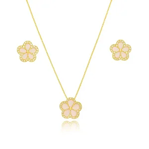 FLOR ROSA DELICADA CONJUNTO BANHADO A OURO 18K