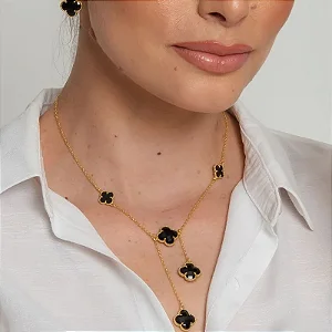COLAR TREVO BLACK ETERNITY BANHADO A OURO 18K