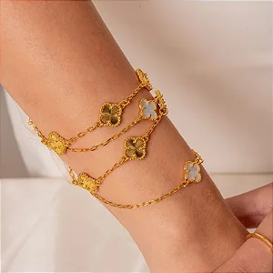 PULSEIRA TREVO BRANCO 11MM BANHADO A OURO 18K