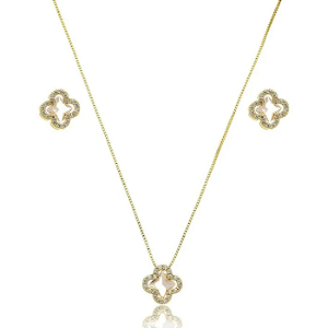 FLOR RICA ROSA CONJUNTO CRAVEJADO BANHADO A OURO 18K