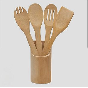 Kit de Utensílios 5 Peças em Bambu com Suporte