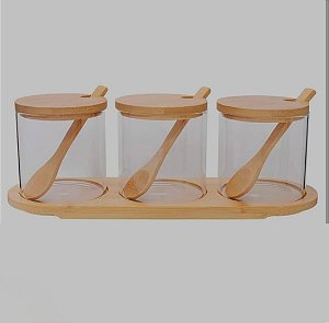 Jogo de Potes de Vidro Borossilicato com Tampa e Suporte Bambu – Ecokitchen | 29x9,5x10cm