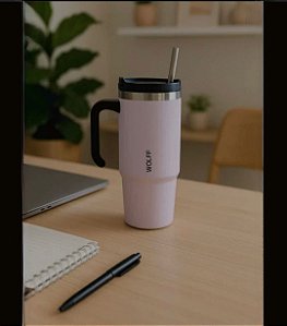 CANECA TERMICA PAREDE DUPLA SLIMTERM COM BASE ERGONOMICA E CANUDO ROSA 890ML