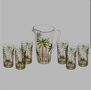 CONJUNTO JARRA COM 6 COPOS DE CRISTAL PALM TREE HANDPAINT