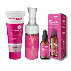 Kit Skincare Rosa Mosqueta – Mousse Facial, Esfoliante e Sérum Dermachem & Fenzza
