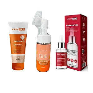 Kit Skincare Hidratação e Glow – Sérum Hyaluronic Dermachem, Mousse Vitamina C e Gel Esfoliante