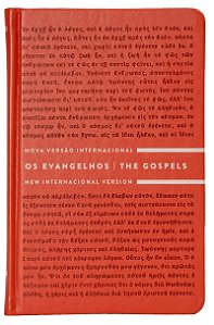 Os Evangelhos Bilíngue NVI e NIV (português e inglês), Letra tradicional, Fonte Leitura Perfeita, com letras de Jesus em azul, Capa dura luxo Laranja