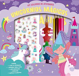 Unicórnios mágicos - Kit livro com lapiseira, lápis borracha e adesivos