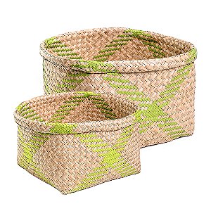 Cesto de Fibra Natural Detalhe Verde - Jogo 2 Peças