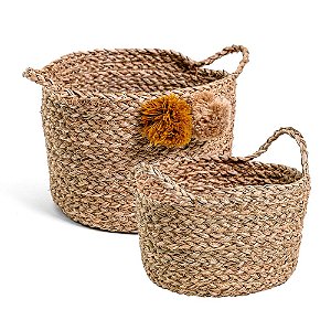 Cesto de Fibra Redondo com Pompom - Jogo 2 Peças