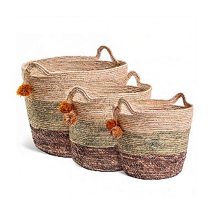 Cesto de Fibra Redondo Tricolor - Jogo 3 Peças