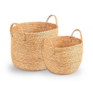 Cesto Natural Alça Couro - Jogo 2 Peças