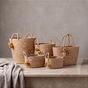 Kit Cestos de Fibra Natural Pompom Boho Organizadores