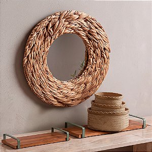 Kit Decoração Natural Espelho de Fibra Bandeja e Cesto