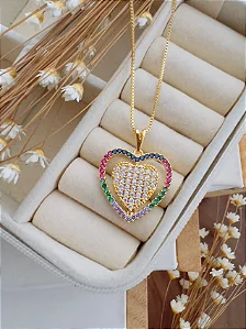 Colar Dourado Micro Zircônia Coração Colorido