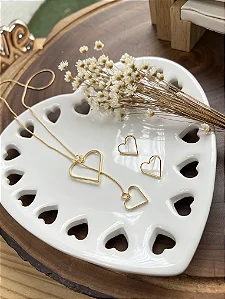 Conjunto Gravatinha Folheado a Ouro Coração Vazado