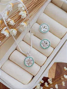 Conjunto Folheado a Prata Arvore da Vida Pedras Verde