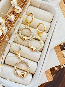 Conjunto Heart Micro Zirconia Folheado a Ouro