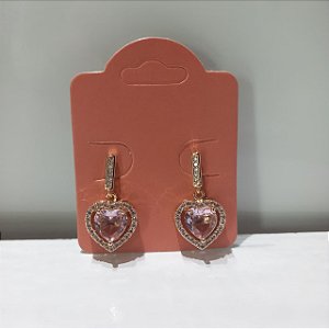 Brinco Dourado Heart Rosa Cravejado