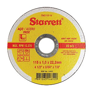 Disco Inox 4.1/2 X 7/8 X 1,0 - 115 X 1,0 X 22mm Starret