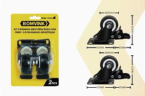 Kit 2 Rodizios Giratorio 1.1/2" 45Kg com Freio Preto Bom-2764