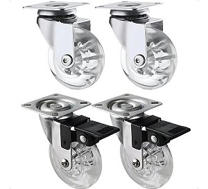 Kit 4 Rodizios Giratorio 2" 45kg com e sem Freio Transparente Bom-2768
