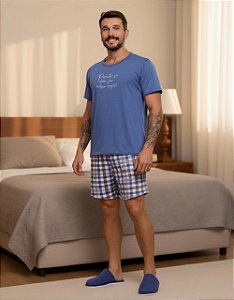 Pijama Masculino Curto em Suede Camiseta Curta + Bermuda Xadrez