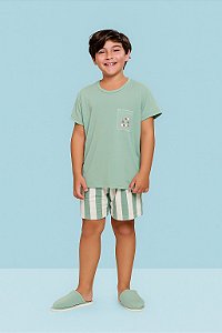 Pijama Masculino Infantil Juvenil em Viscose -Camiseta com Short Listrado