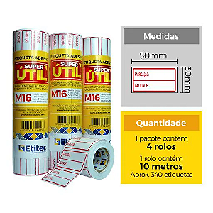 ETIQUETA M16 50X30 FAB/VAL C/04 ROLOS - 10MTS CADA