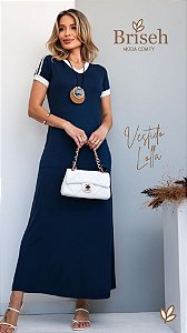 Vestido Feminino Longo com Manga Curta, Gola V e Fenda Traseira