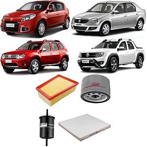 KIT FILTROS COMPLETO SANDERO 1.6 16V 2008 A 2017 DUSTER 1.6 2.0 16V 2011 A 2017 LOGAN 1.6 16V 2008 A 2013