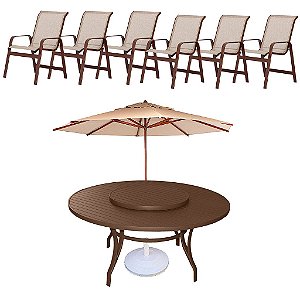 Conjunto de mesa Giratória com 6 Cadeiras e Guarda Sol