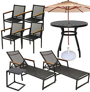 Kit Conjunto de Mesa 4 Cadeiras Perpétua, 2 Espreguiçadeiras, Mesa Lateral e Ombrelone