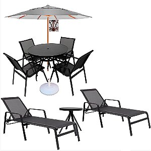 Kit Lótus Premium Jogo de Mesa com 4 Cadeiras, 2 Espreguiçadeiras e Ombrelone
