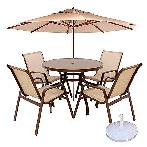 Conjunto Lótus Premium 01 Mesa Tampo Liso + 4 Cadeiras + Ombrelone e Base