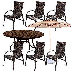 Kit Completo Aspen com Mesa sem Giro 1,40 + 06 Cadeiras em Fibra Sintética e Ombrelone
