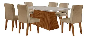 MESA LUNA 1,80 RUFATO VIDRO OFF WHITE 6 CAD DAFNE IMBUIA