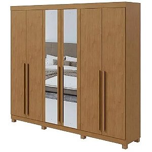 Guarda-Roupa Lopas Bertha 6 Portas com Espelho e Kit Gavetas – Amêndoa Clean