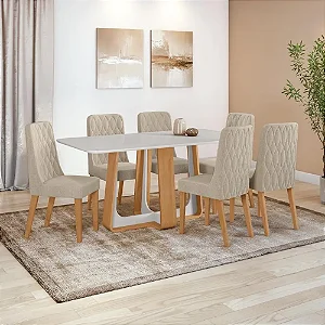 Conjunto Mesa Lopas Sintonia com 6 Cadeiras Luar – Amêndoa Clean / Off White
