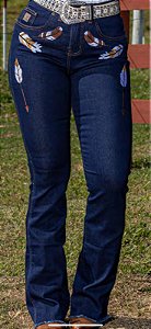 Calça American Country Boot Cut Bordada Penas