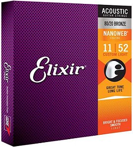 Encordoamento .011 Elixir 11027, para Violão Aço, Custom Light Bronze 80/20 Nanoweb