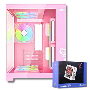 Gabinete Gamer Aquário, Clanm Candy, Rosa + Fonte 500W Branca