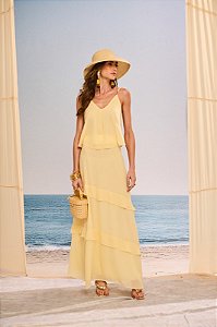 Conjunto Paula Silk Amarelo Feminino Elegante