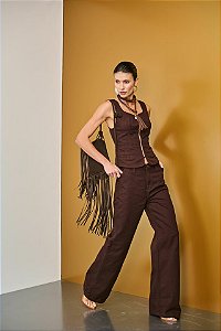 Calça Wide Leg Barra Larga Marrom Feminina