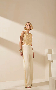 Conjunto Feminino Bordado Blusa Cavada Dourado