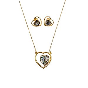AMEI DE PAIXÃO - Conjunto Brinco e Colar Coração Vazado Marrom