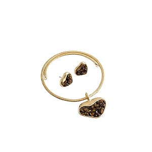 AMEI DE PAIXÃO - Conjunto Brinco e Colar Coração de Pedra Marrom