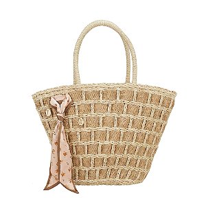 AMEI DE PAIXÃO - Bolsa Alça de Palha Com Lenço Bege Com Flores e Pingente de Concha